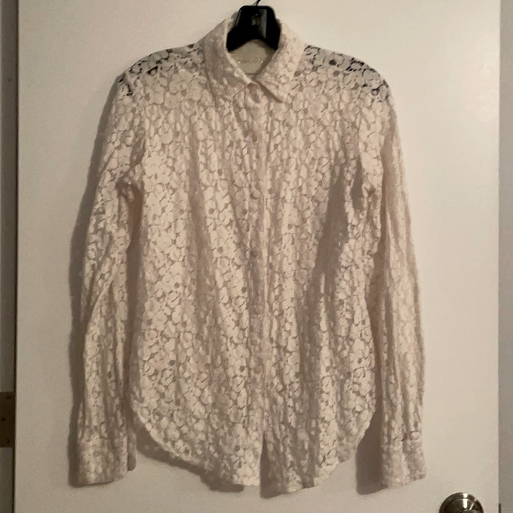 Staci Woo Souvenir Edition White Lace Crochet Button Down Blouse Size Small